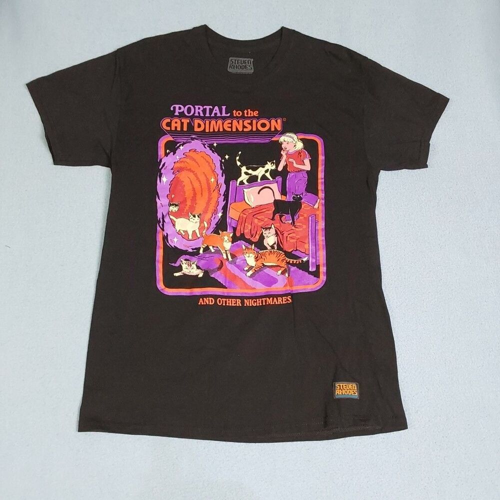 Steven Rhodes T Shirt Medium Black Portal To Cat Dimension Tee 80s Halloween